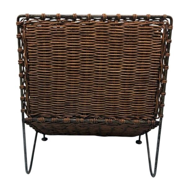 Vtg MCM Desktop Hand Woven Wicker Metal Vinyl Stationary Magazine Rack Holder - Picture 5 of 11
